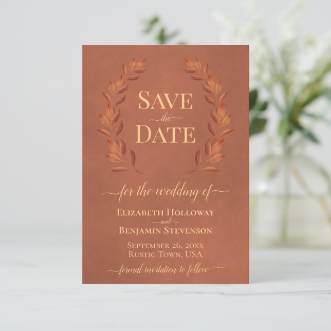 Save The Date Rust Laurel Feuilles Élégant Mariage en terre cuit (Debout devant)