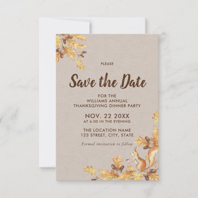 Save The Date Rustic Acorns Oak Birch Thanksgiving Enregistrer l (Devant)