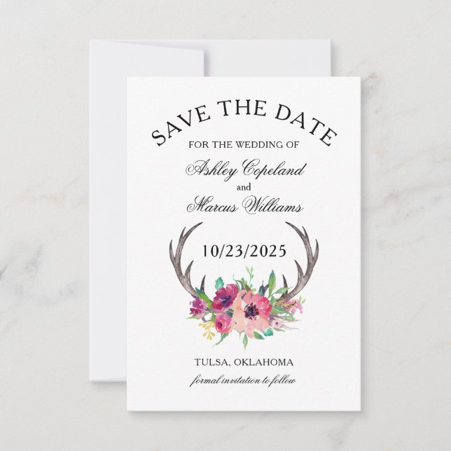 Save The Date Rustic Antlers Boho Floral Photo Enregistrer la da (Devant)