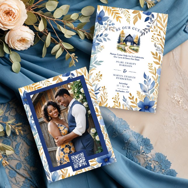 Save The Date Rustic Barn Botanical Blue Leaves & Branches Frame (Exquisite Rustic Barn Classic Farmhouse Style Wedding Save the Date Cards.)