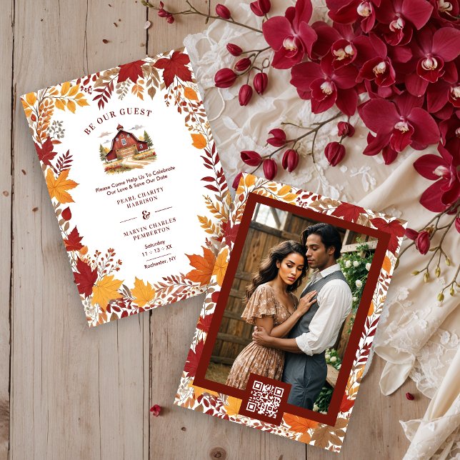 Save The Date Rustic Barn Botanical Fall Leaves & Branches Frame (Exquisite Rustic Barn Classic Farmhouse Style with Delicate Narrow Botanical Fall Leaves & Branches.)