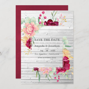 Save The Date Rustic Barn Bourgogne et Blush Floral Mariage