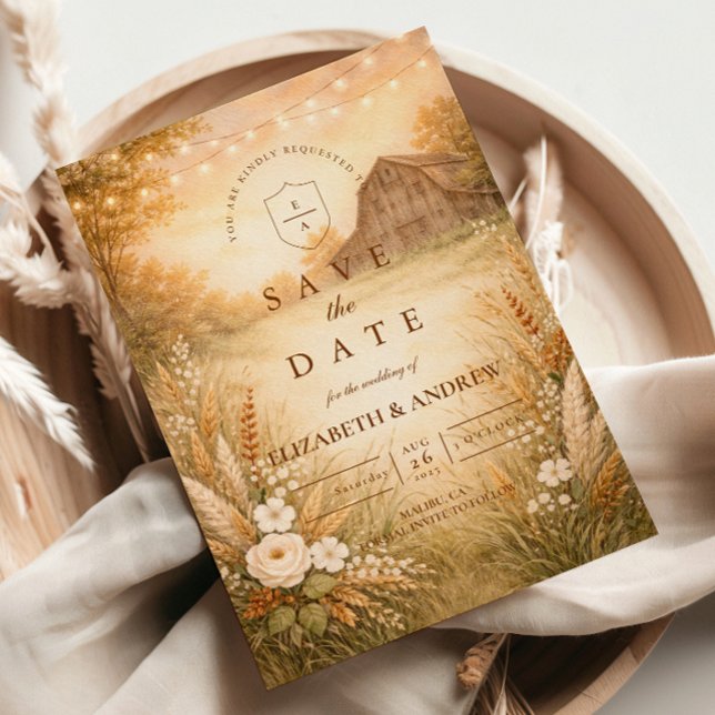 Save The Date Rustic Barn Meadow String Lights Wedding (Créateur téléchargé)