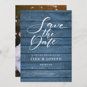 Save The Date Rustic Blue Wood Élégant Script Mariage photo