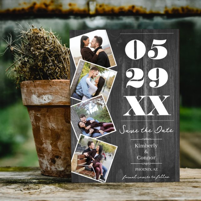 Save The Date Rustic Bold Four Photo Enregistrer la date | Gris (Gray Rustic Bold Four Photo Save the Date)