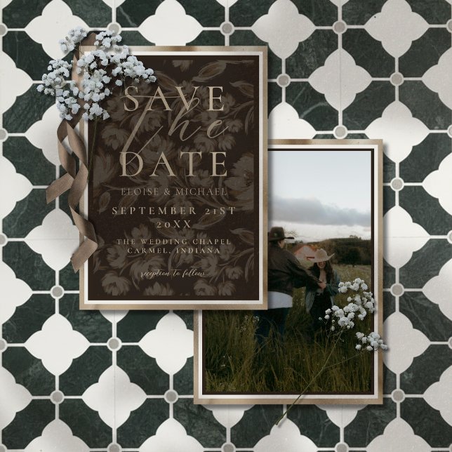 Save The Date Rustic Brown Botanical Pattern Photo Wedding (Announce your big day in a sophisticated style with this Rustic Brown Botanical Save the Date!)