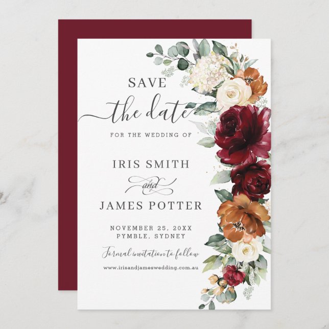 Save The Date Rustic Burgundy Burnt Orange Ivory Floral Wedding  (Devant / Derrière)