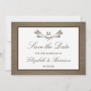 Save The Date Rustic Burlap Monogramme Branche Enregistrer La Da
