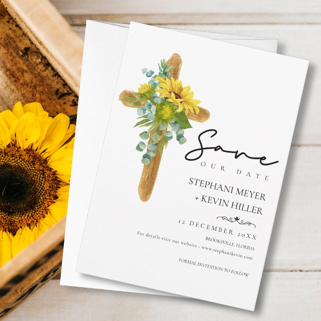 Save The Date Rustic Chic Boho Sunflower Cross Mariage en bois (Créateur téléchargé)