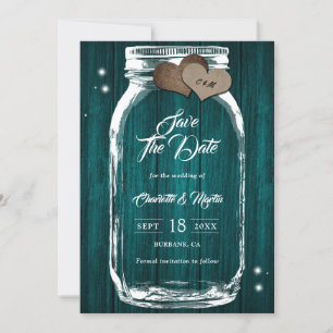 Save The Date Rustic Country Turquoise Wood Hearts Mason Jar Mar