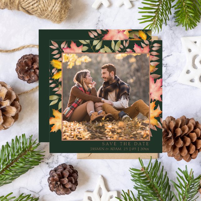 Save The Date Rustic Emerald Green Fall Leaves Mariage photo (Créateur téléchargé)