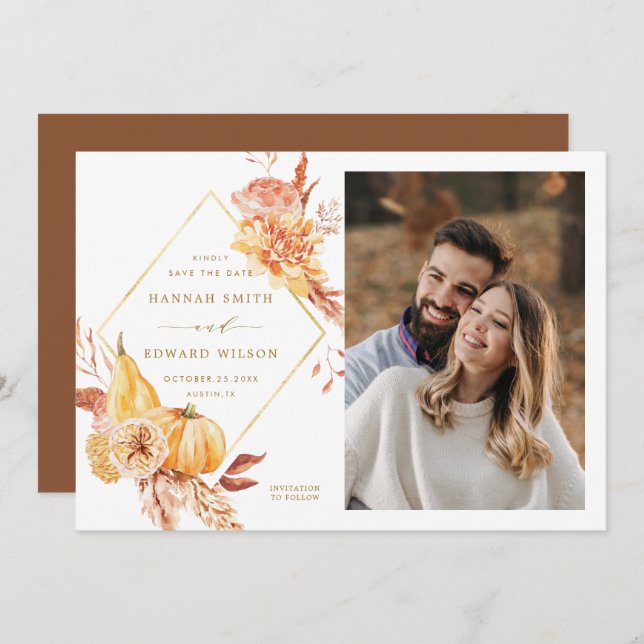 Save The Date Rustic Fall Floral Citrouille Mariage Photo Gold (Devant / Derrière)
