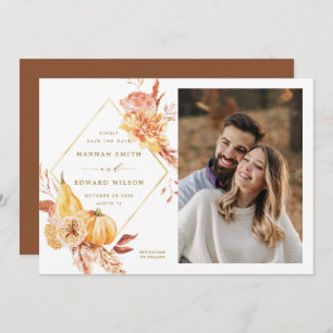 Save The Date Rustic Fall Floral Citrouille Mariage Photo Gold
