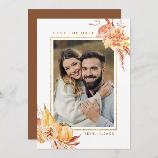 Save The Date Rustic Fall Floral Mariage Gold Frame Photo (Devant / Derrière)