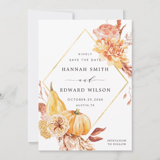Save The Date Rustic Fall Gold Floral Citrouille Photo Mariage (Devant)