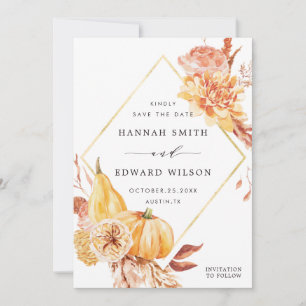 Save The Date Rustic Fall Gold Floral Citrouille Photo Mariage