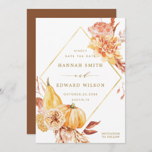 Save The Date Rustic Fall Gold Floral Orange Citrouille Mariage