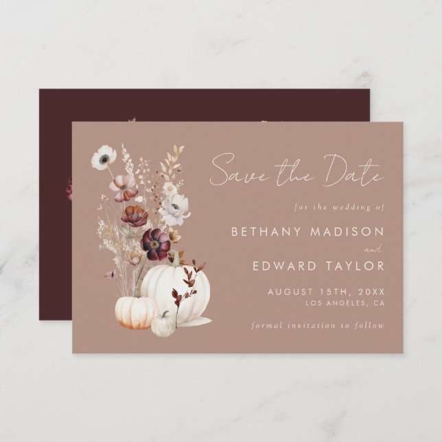 Save The Date Rustic Fall Taupe Floral Citrouille Mariage (Devant / Derrière)