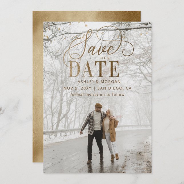 Save The Date Rustic Gold Minimal photo moderne (Devant / Derrière)