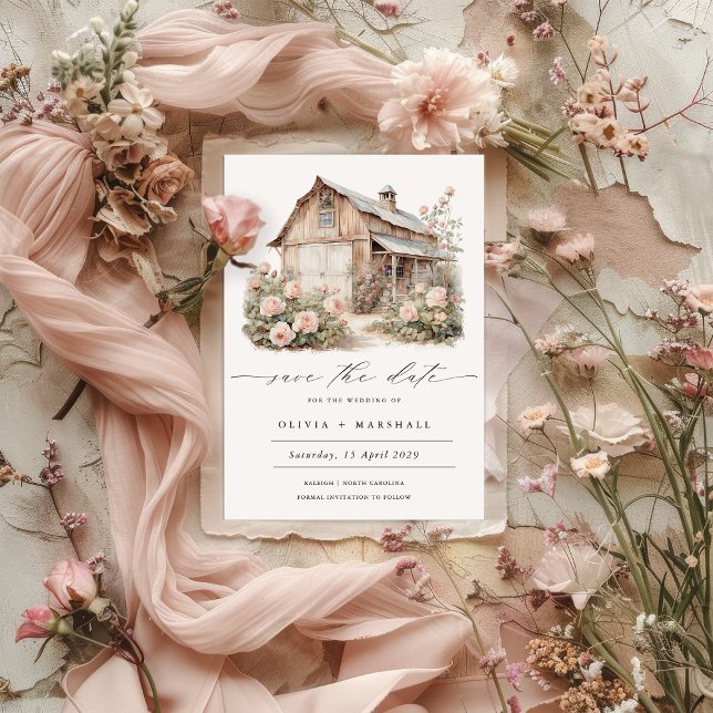 Save The Date Rustic Grange Floral Pays Enregistrer la date (Rustic Floral Barn Save the Date )