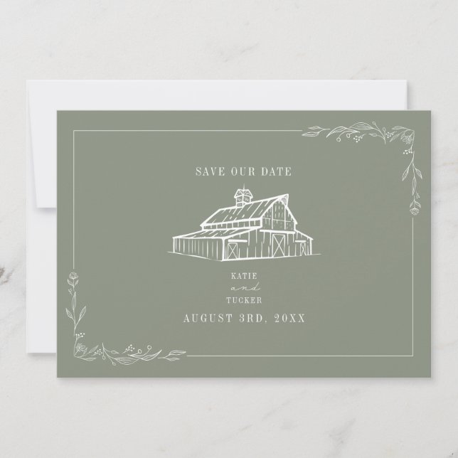 Save The Date Rustic Grange Mariage Sage Green Enregistrer La Da (Devant)