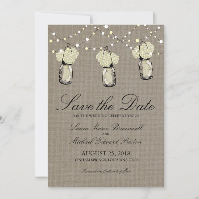 Save The Date Rustic Hanging Mason Jar Hydrangea Enregistrer la  (Devant)