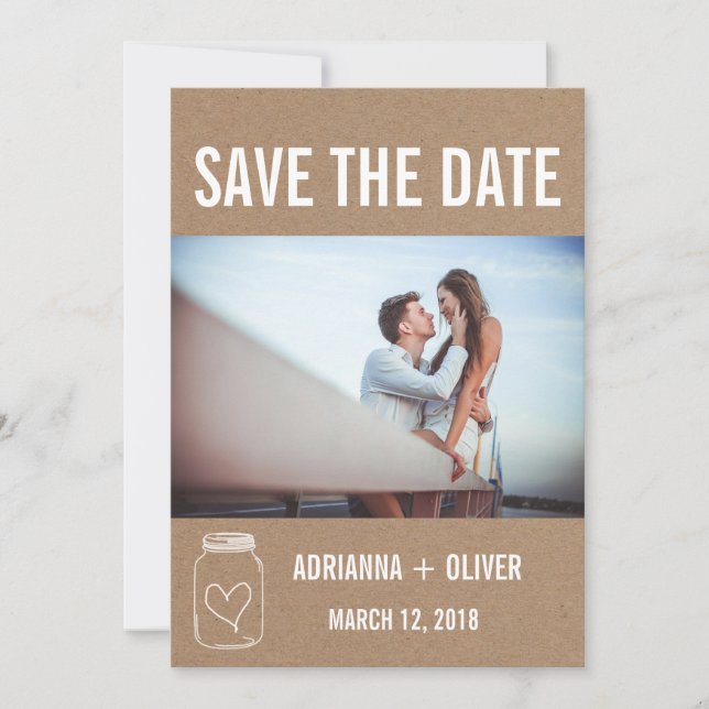 Save The Date Rustic Heart Mason Jar Enregistrer La Date Couple  (Devant)