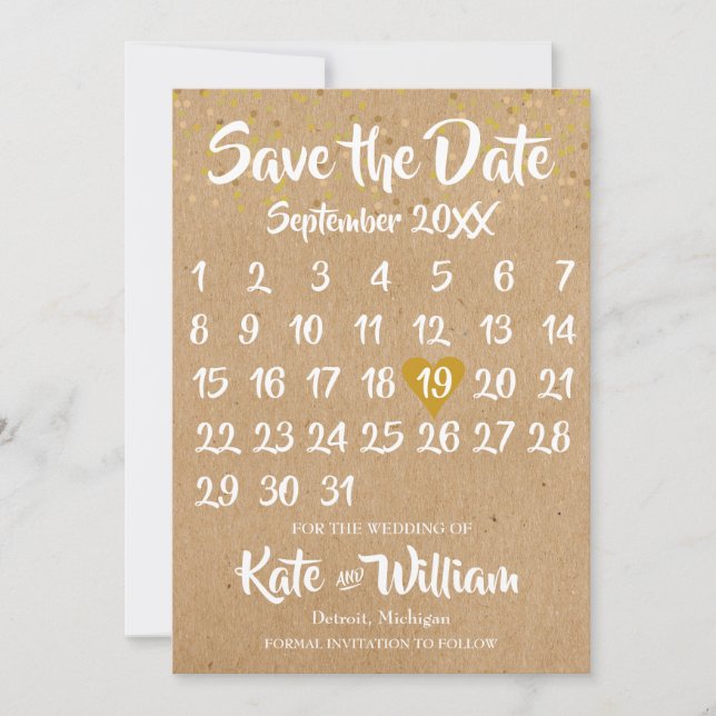 Save The Date Rustic Kraft Love Heart Calendrier Enregistrer la  (Devant)