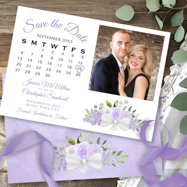 Save The Date Rustic Lavender Floral Calendrier & Mariage photo (In Situ Front/Back)