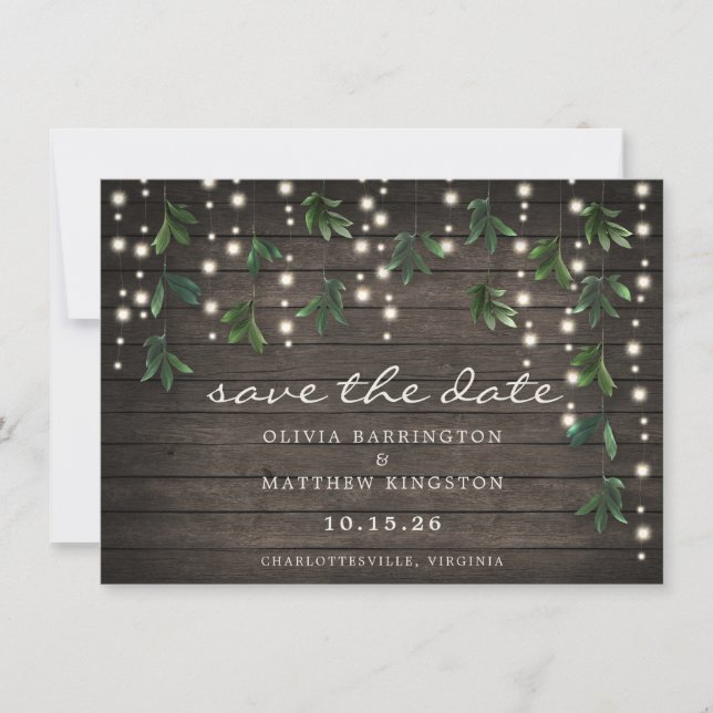 Save The Date Rustic Leaf String Lights Photo Enregistrer la dat (Devant)
