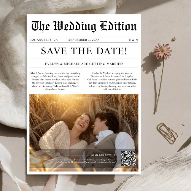 Save The Date Rustic Mariage Photo Style de journal QR Code (Créateur téléchargé)
