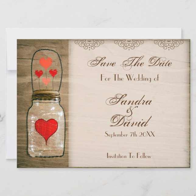 Save The Date Rustic Mason Jar et Coeurs Enregistrer la date (Devant)