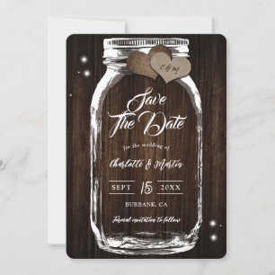 Save The Date Rustic Mason Jar Wood Deux Burlap Hearts Mariage