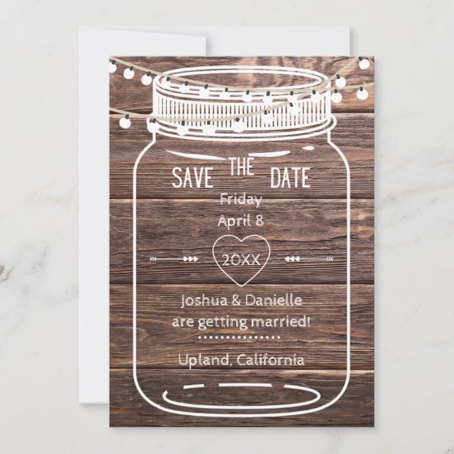 Save The Date Rustic Mason String Lights Jar Enregistrer la cart (Devant)