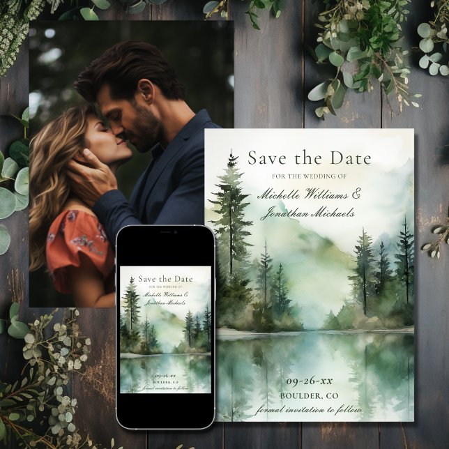 Save The Date Rustic Mountain Lake Forest Mariage photo (Rustic Mountain Lake Forest Photo Wedding Save The Date)
