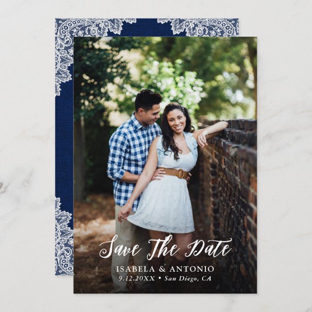 Save The Date Rustic Navy Bleu Burlap et dentelle photo Mariage (Devant / Derrière)