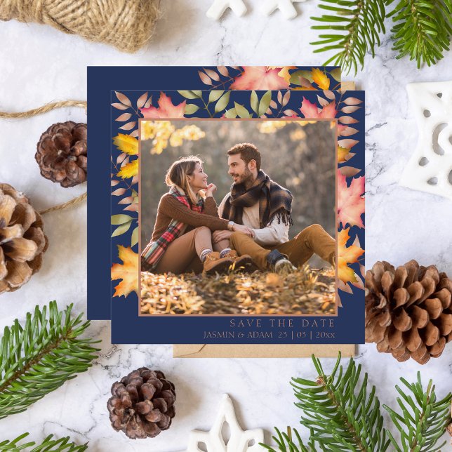 Save The Date Rustic Navy Blue Automne Feuilles d'automne Photo  (Créateur téléchargé)