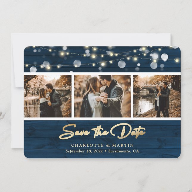 Save The Date Rustic Navy Mariage De Bois Bleu Photo Enregistrer (Devant)