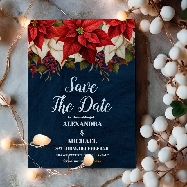 Save The Date Rustic Navy Poinsettia Floral Mariage de Noël (Créateur téléchargé)