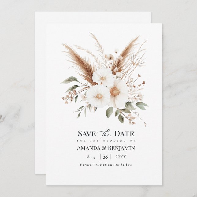 Save The Date Rustic Pampas Grass Boho Bohemian Wedding QR Code (Devant / Derrière)