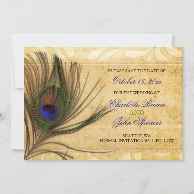 Save The Date Rustic Peacock Mariage en plume enregistrer la dat (Devant)
