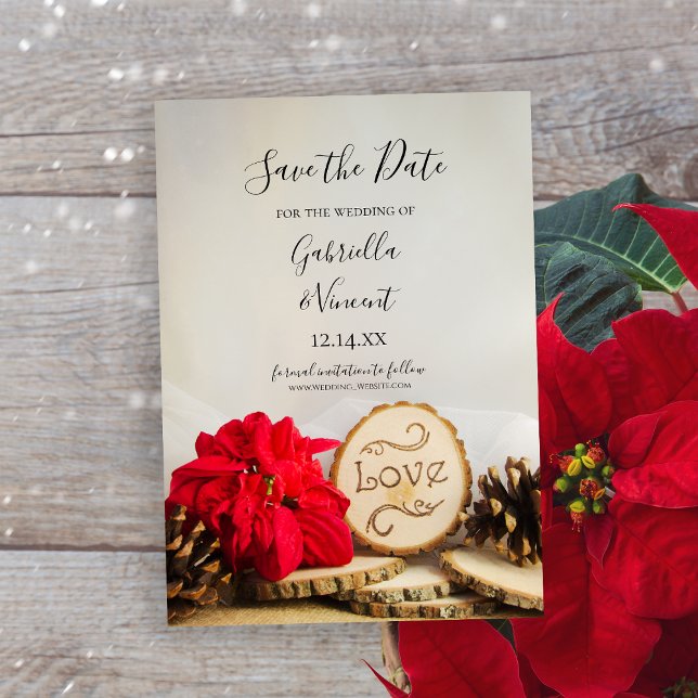 Save The Date Rustic Poinsettia Woodland Winter Enregistrer la d (Perfect inspo for your rustic winter wedding ceremony and reception.)