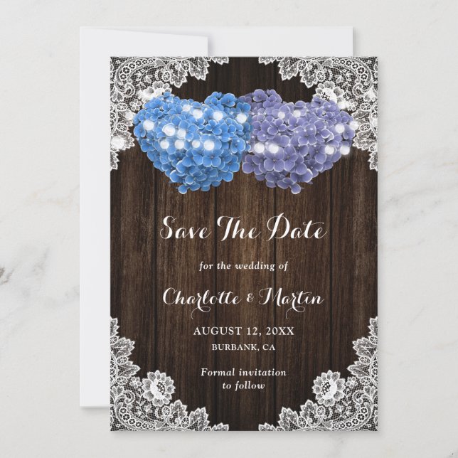 Save The Date Rustic Purple Blue Hydrangea Rustic Wood Wedding (Devant)