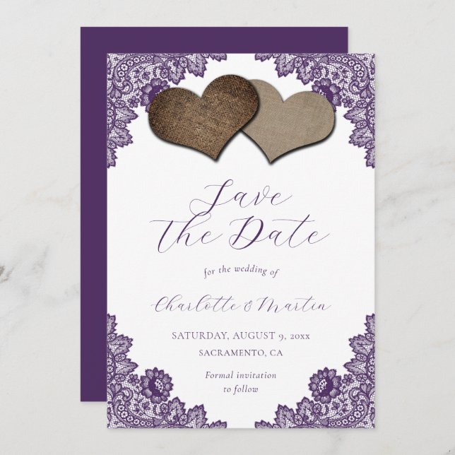 Save The Date Rustic Purple Floral Lace Burlap Hearts Wedding (Devant / Derrière)