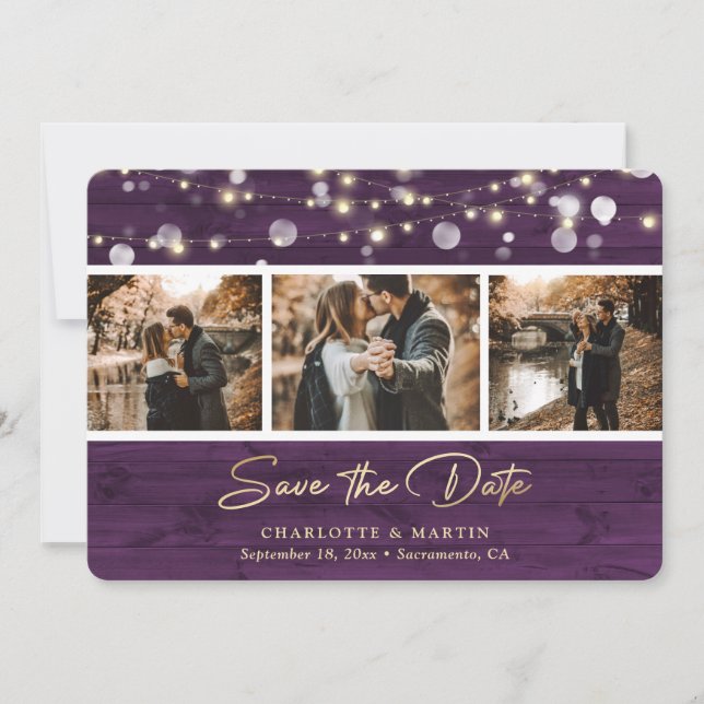 Save The Date Rustic Purple Wood Mariage Photo Enregistrer La Da (Devant)