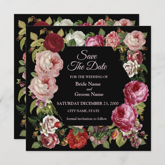 Save The Date Rustic Red Pink Floral Greenery Black (Devant / Derrière)