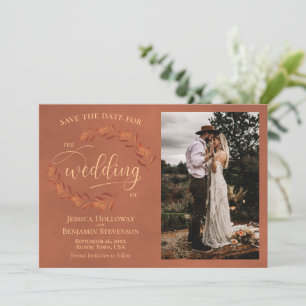 Save The Date Rustic Terracotta Feuilles & Photo Mariage élégant