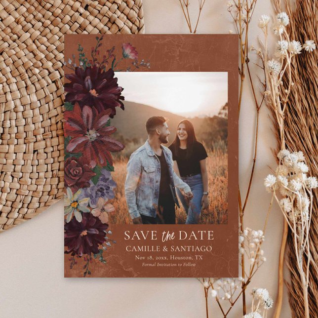 Save The Date Rustic Terracotta Floral Photo Enregistrer la cart (Moody Terracotta Floral Photo Save the Date Card)