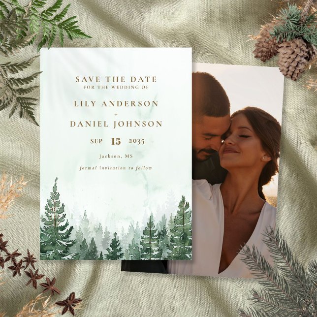 Save The Date Rustic Watercolor Pine Tree Forest Mariage photo (Créateur téléchargé)