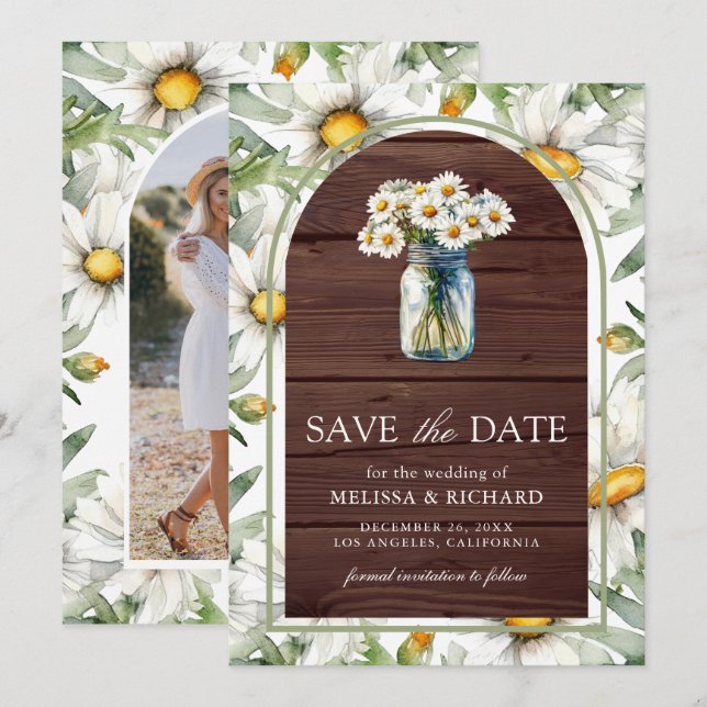 Save The Date Rustic Wood Daisies Floral Mason Jar Photo Wedding (Devant / Derrière)